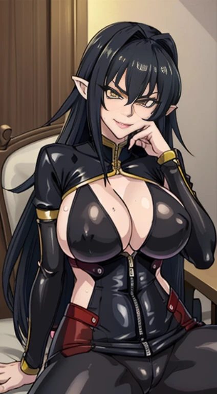 Annerose, 1girl, female mature, sitting on table, spread legs, long hair, black hair, pointy ears, yellow eyes, large breastodysuit:1.05), higheels, shiny clothes, (skin tight:1.05), hair intakes, (covered :1.1), (covered breasts:1.1), (sideboob:1.05), impossible clothes, cowboy shot, cleavage, perfect body, (athletic body:1.1), anime face, perfect face, perfect eyes, anime eyes, smoky eyeliner, eyeshadow, looking at viewer, sharp focus, intricate details, masterpiece painting, professional artwork, (vibrant colors:1.1), vivid colors, Diffused lighting, digital blending, ultra detailed body, ultra detail hair, ultra detail face, trending on pixiv, by Kagami Hirotaka, (((mature woman, mature female, 35yo, seductive glance, smirk))), exquisite details