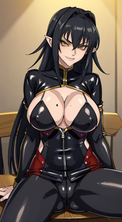 Annerose, 1girl, female mature, sitting on table, spread legs, long hair, black hair, pointy ears, yellow eyes, large breastodysuit:1.05), higheels, shiny clothes, (skin tight:1.05), hair intakes, (covered :1.1), (covered breasts:1.1), (sideboob:1.05), impossible clothes, cowboy shot, cleavage, perfect body, (athletic body:1.1), anime face, perfect face, perfect eyes, anime eyes, smoky eyeliner, eyeshadow, looking at viewer, sharp focus, intricate details, masterpiece painting, professional artwork, (vibrant colors:1.1), vivid colors, Diffused lighting, digital blending, ultra detailed body, ultra detail hair, ultra detail face, trending on pixiv, by Kagami Hirotaka, (((mature woman, mature female, 35yo, seductive glance, smirk))), exquisite details