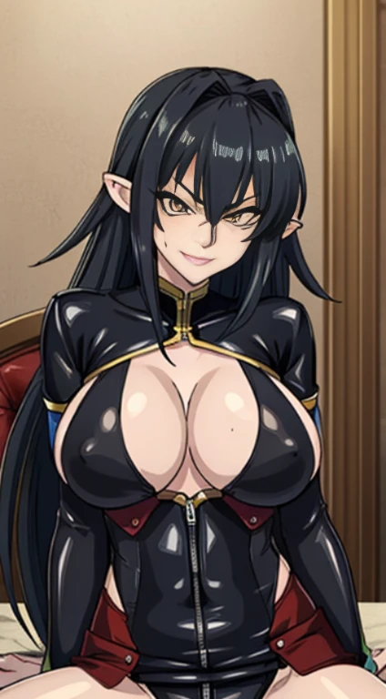 Annerose, 1girl, female mature, sitting on table, spread legs, long hair, black hair, pointy ears, yellow eyes, large breastodysuit:1.05), higheels, shiny clothes, (skin tight:1.05), hair intakes, (covered :1.1), (covered breasts:1.1), (sideboob:1.05), impossible clothes, cowboy shot, cleavage, perfect body, (athletic body:1.1), anime face, perfect face, perfect eyes, anime eyes, smoky eyeliner, eyeshadow, looking at viewer, sharp focus, intricate details, masterpiece painting, professional artwork, (vibrant colors:1.1), vivid colors, Diffused lighting, digital blending, ultra detailed body, ultra detail hair, ultra detail face, trending on pixiv, by Kagami Hirotaka, (((mature woman, mature female, 35yo, seductive glance, smirk))), exquisite details