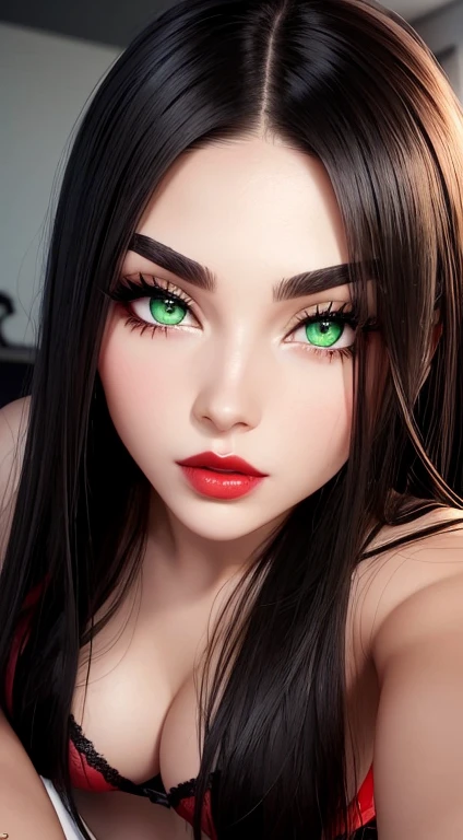 hot girl face , eyelaner , green eyes , ,black shiny long hair, shiny red blush, red shiny lipstick , arch black long eyebrows , only face , russian , hot body , tigh lingerie , shiny skin