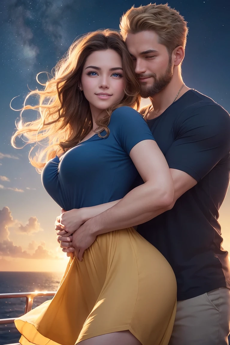 ((A smiling couple in love)), ((woman with wavy brown hair wearing a sundress small breast)), dancing close with ((a masculine man with short blonde hair and a full blonde beard wearing pants and shirt)), (((blue eyes))), hair with many details, 8k artgerm bokeh, fanart best artstation, render photorealistic, guweiz-style art, inspired by WLOP, ig model | artgerm, detailed, stunning realistic face, beautiful, deviantart artstation cgscosiety, cinematic realistic, high quality portrait, elegant digital painting, photorealistic artstyle, ((cruise ship background)), ((night sky)), ((in love))