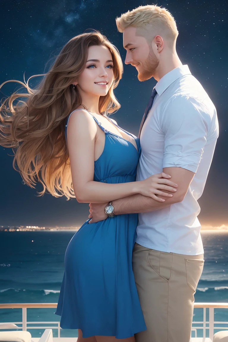 ((A smiling couple in love)), ((woman with wavy brown hair wearing a sundress small breast)), dancing close with ((a masculine man with short blonde hair and a full blonde beard wearing pants and shirt)), (((blue eyes))), hair with many details, 8k artgerm bokeh, fanart best artstation, render photorealistic, guweiz-style art, inspired by WLOP, ig model | artgerm, detailed, stunning realistic face, beautiful, deviantart artstation cgscosiety, cinematic realistic, high quality portrait, elegant digital painting, photorealistic artstyle, ((cruise ship background)), ((night sky)), ((in love))