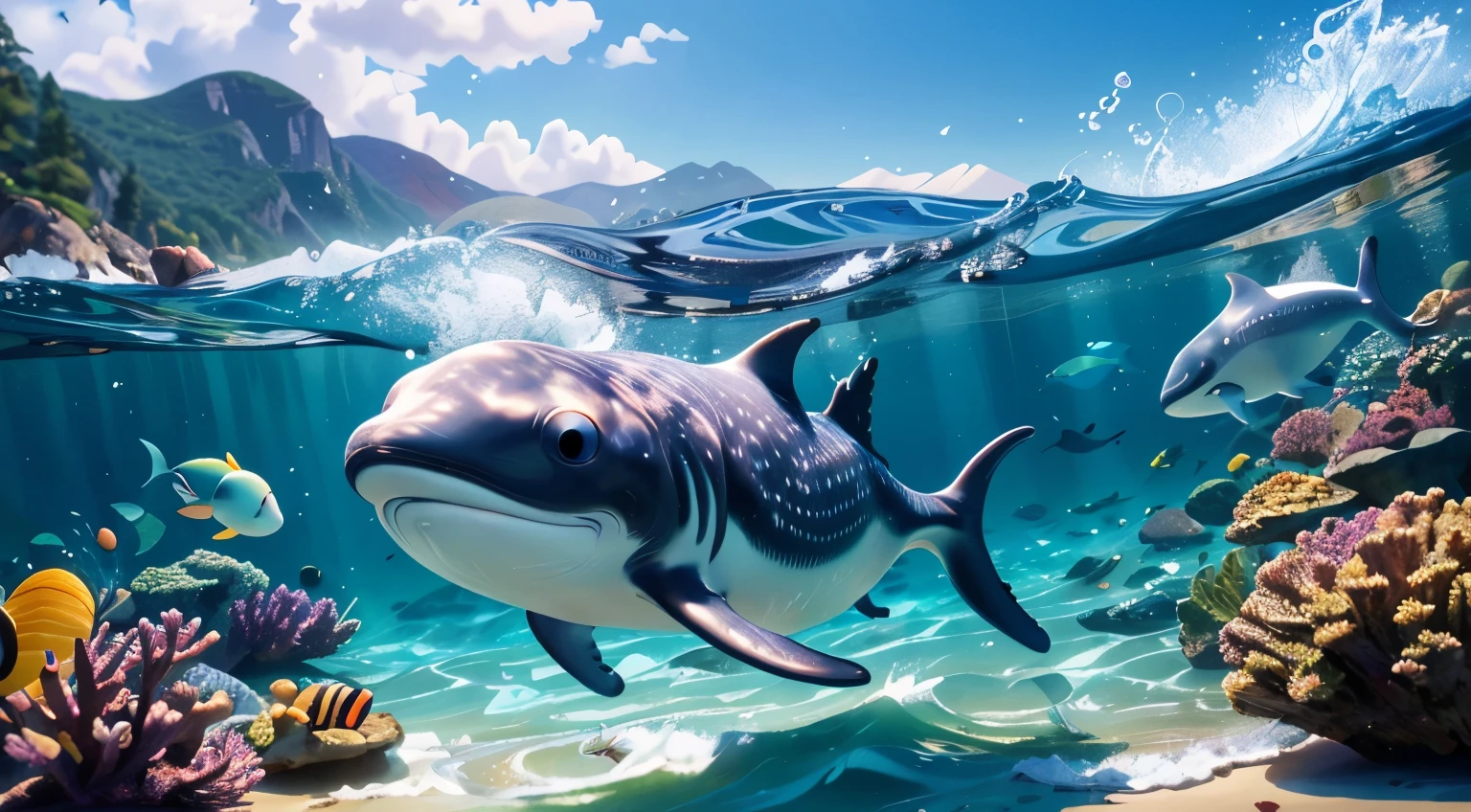 pixar-style，Masterpiece,high qulity,Highest high resolution,Complicated details，Very cute baby little baby whale，，Swim freely in the sea，Clear, realistic water，Ray traching，reali