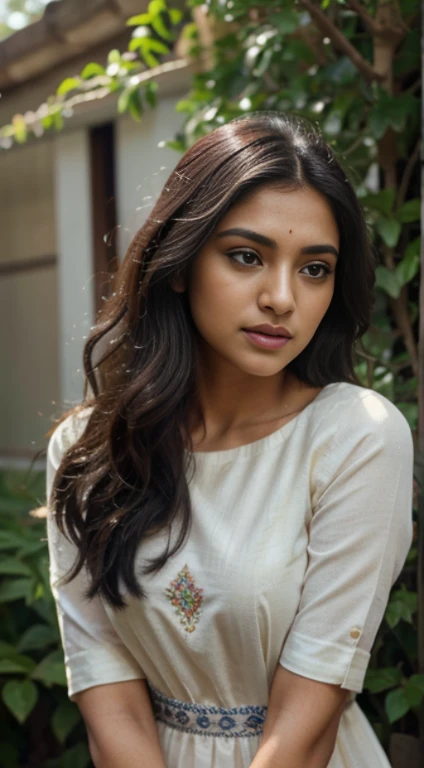 ultra-realistic photographs,Indian Instagram female model,mid 20s,9:16,mid-shot,beautiful detailed eyes,detailed lips,longeyelashes,black curly hair,naturally full eyebrows,perfectly formed nose,expressive face,attractive appearance,confident and elegant posture,graceful movement,vibrant and colorful dress,rich and intricate embroidery,garden background,serene and natural atmosphere,stunning architecture,soft and natural lighting,vivid colors,photorealistic,HDR,highres,studio lighting,ultra-detailed,bokeh