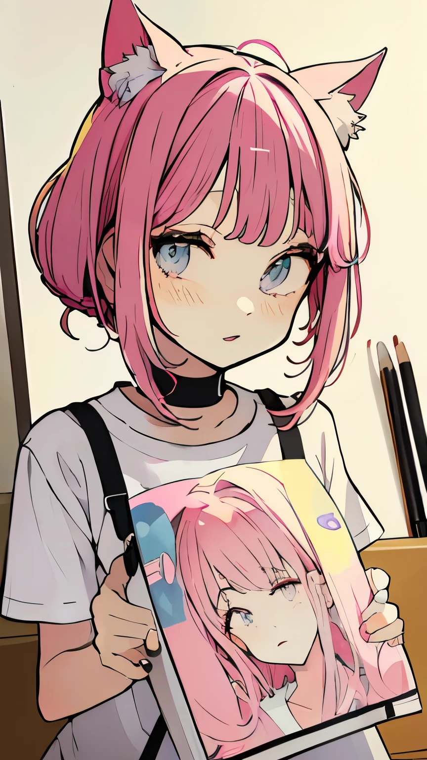 poneyTail、white  shirt、sketchbook、Pink hair、bob cuts、blunt bangs、Painting of a woman with cat ears and a cat tail, anime moe art style, an anime drawing, anime style portrait, an anime girlのポートレート, Anime Paintings, anime style drawing, anime sketch, an anime girlのポートレート, anime portrait, an anime girl,  Anime Girl, Anime shading), Anime shading, comic drawing