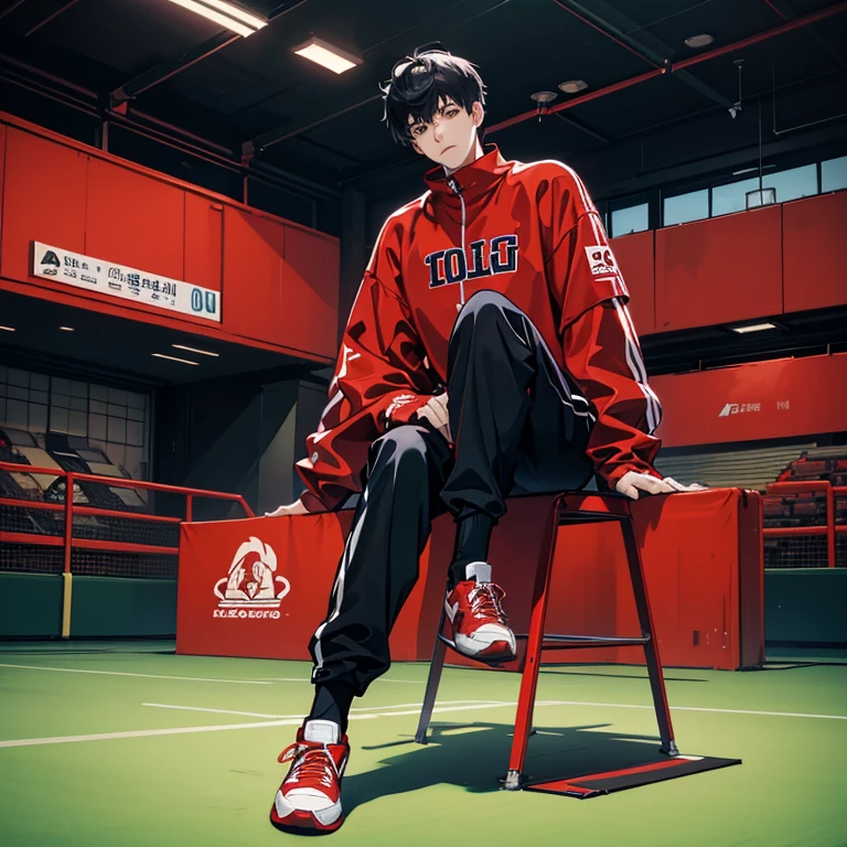 1 Korean young man，male people，20yr old，tall，height is 180 cm，Hair is medium length，Red sweatshirt，black long pants，High-top basketball shoes，Sit on the basketball court，Point to shoes，AJ basketball shoeadass anime 8k，POV perspective，Arrogant，Cold