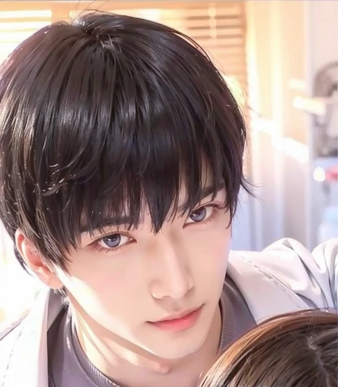 anime handsome man, a handsome man, black short hair, straight thick bangs, straight front bangs, unparted print bangs, handsome professor, center unparted hair, Lucien xumo, Mr love queens choice, purple eyes, 30 years old, teasing smile, heavy eyelid, narrow eyes, bedroom eyes, thin eyebrows, clean smooth shaven, no stubble