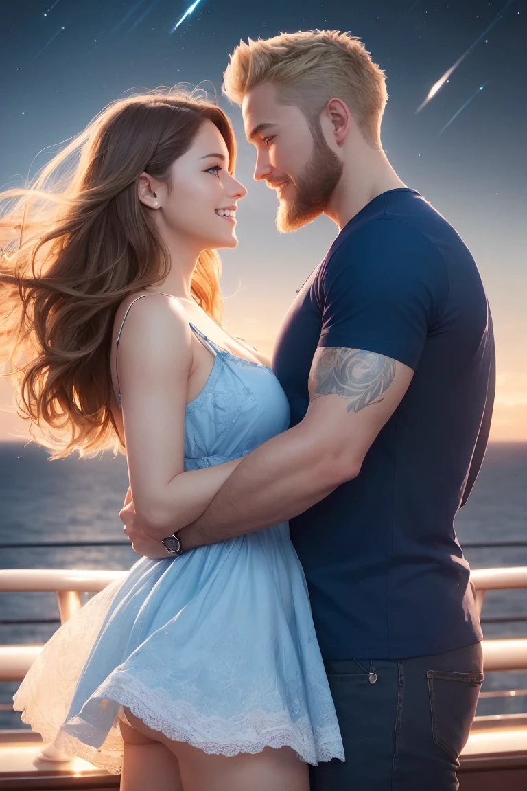 ((A smiling couple in love)), ((woman with wavy brown hair wearing a sundress small breast)), dancing close with ((a masculine man with short blonde hair and a full blonde beard wearing pants and shirt)), (((blue eyes))), hair with many details, 8k artgerm bokeh, fanart best artstation, render photorealistic, guweiz-style art, inspired by WLOP, ig model | artgerm, detailed, stunning realistic face, beautiful, deviantart artstation cgscosiety, cinematic realistic, high quality portrait, elegant digital painting, photorealistic artstyle, ((cruise ship background)), ((night sky)), ((in love))