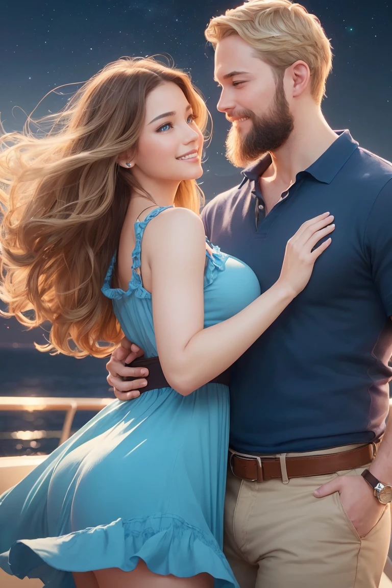 ((A smiling couple in love)), ((woman with wavy brown hair wearing a sundress small breast)), dancing close with ((a masculine man with short blonde hair and a full blonde beard wearing pants and shirt)), (((blue eyes))), hair with many details, 8k artgerm bokeh, fanart best artstation, render photorealistic, guweiz-style art, inspired by WLOP, ig model | artgerm, detailed, stunning realistic face, beautiful, deviantart artstation cgscosiety, cinematic realistic, high quality portrait, elegant digital painting, photorealistic artstyle, ((cruise ship background)), ((night sky)), ((in love))