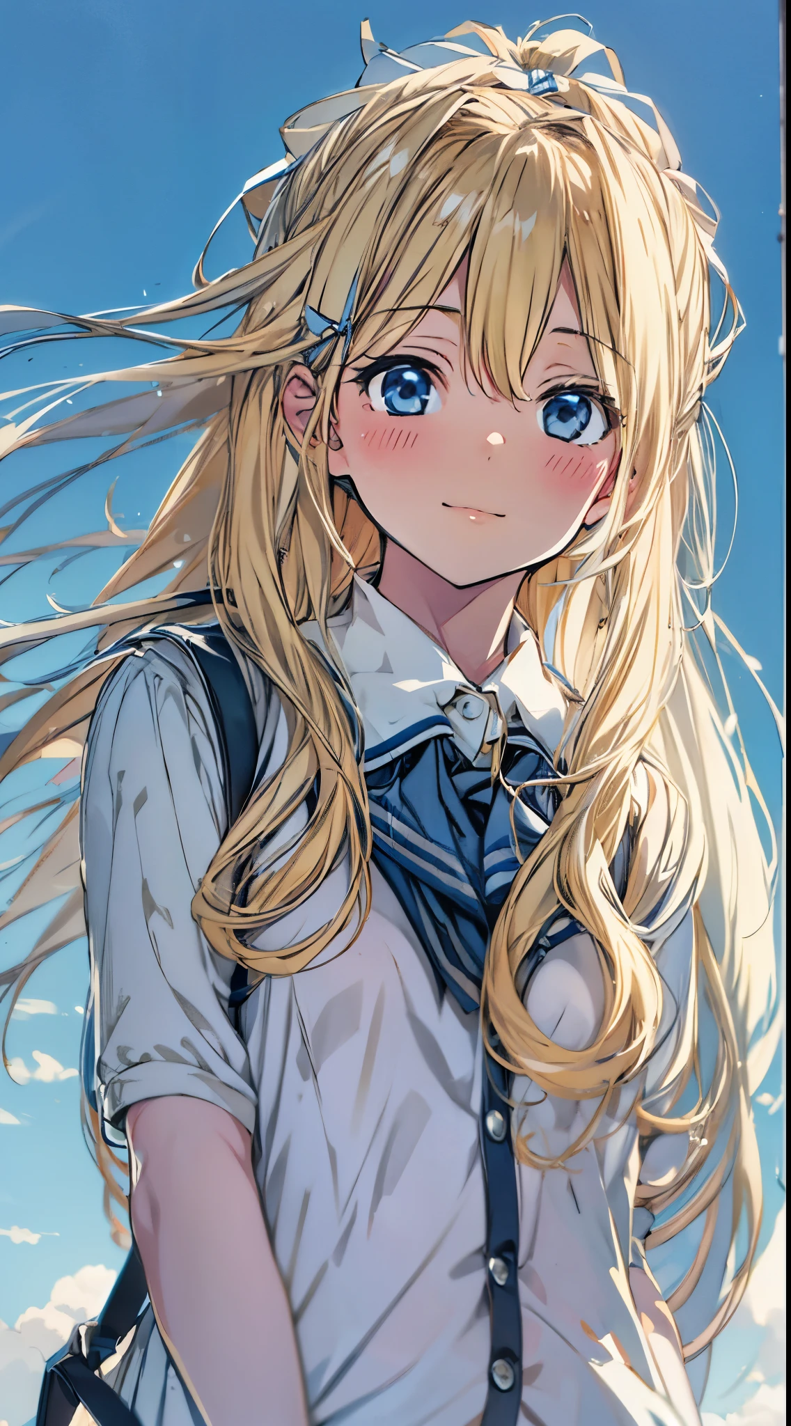 Create an image of a schoolgirl with long, blonde hair, standing relaxed against a deep blue sky. The lighting is soft and warm, with a gentle breeze moving through her uniform. Her serene expression reflects the tranquil atmosphere of a peaceful, sunny day.