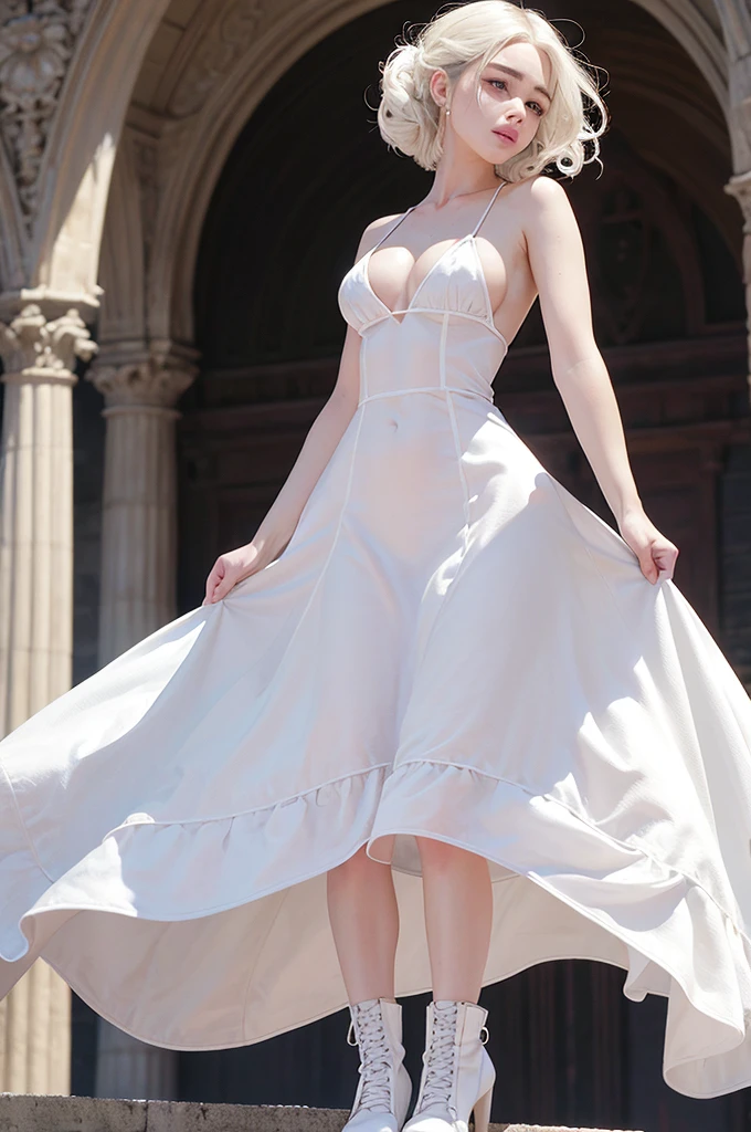 Emilia Clarke, pelo blanco, cabello largo y rizado. gargantilla. grandes senos. caderas gigantescas. arco. vestido de novia de flores. Botas hasta el muslo, pechos enormes