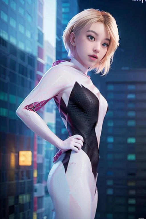 ghost spider, gwen in a black outfit with spider in the center of his chest in white, organic looking outfit, gooey forehead, symbiote, white eyes, fine art, ps5 cinematic screenshot,highly detailed detailed cinematic rendering, ultra photorealistic raytricing, with cinematic lighting