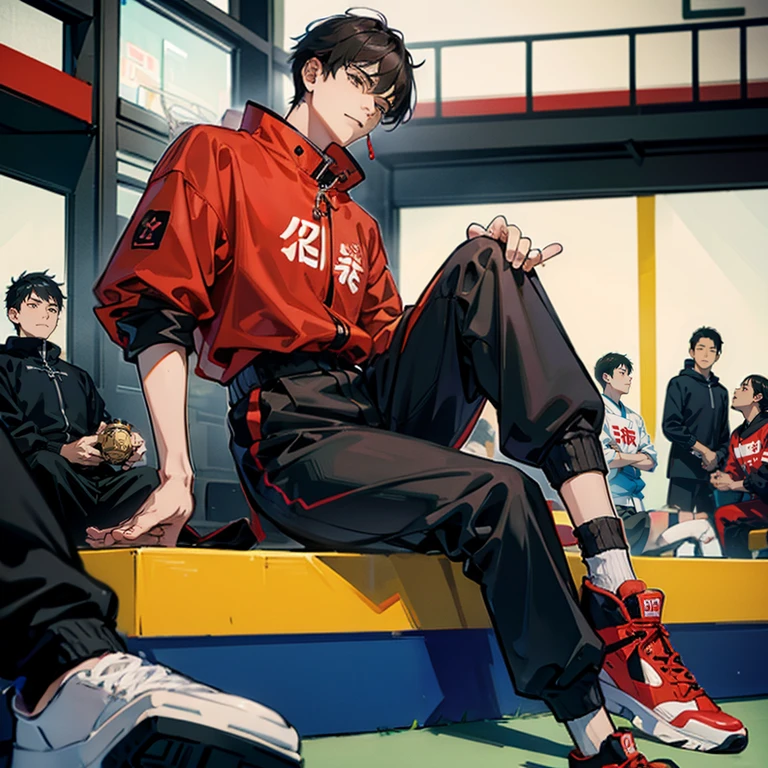 1 Korean young man,male people,20yr old,tall,height is 180 cm,Hair is medium length,Red sweatshirt,black long pants,High-top basketball shoes,Sit on the basketball court,Pair pointing at shoes,AJ basketball shoeadass anime 8k,POV perspective,Arrogant,Cold,looking to the camera