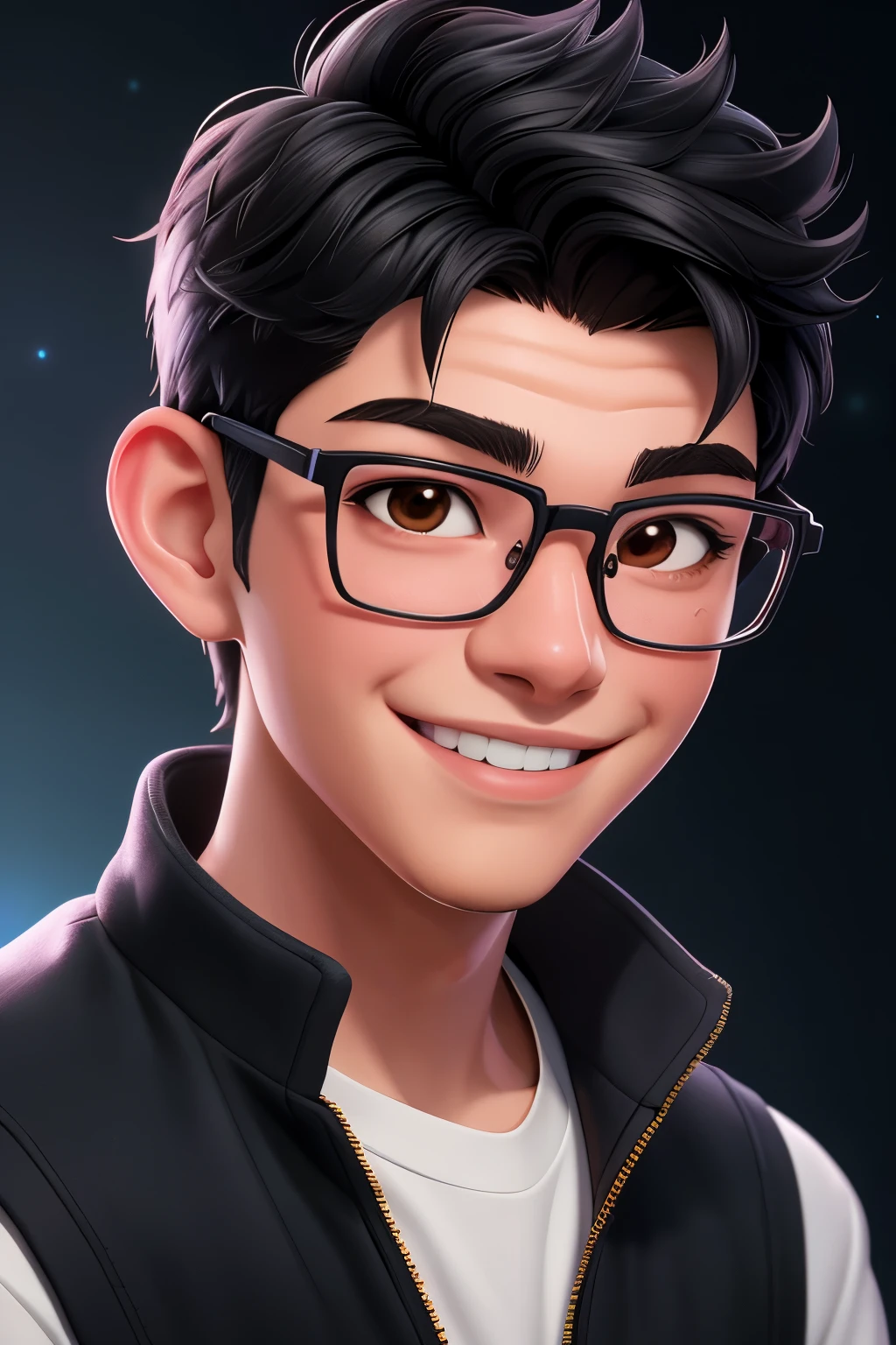 Masterpiece, best quality, Perfect anime illustration, 1 boy, male, dark skin, close up, smile, very short black hair, light particle, thin metal glasses, volumetric lighting, Canon EOS-1D X Mark III f/2.8, studio lighting