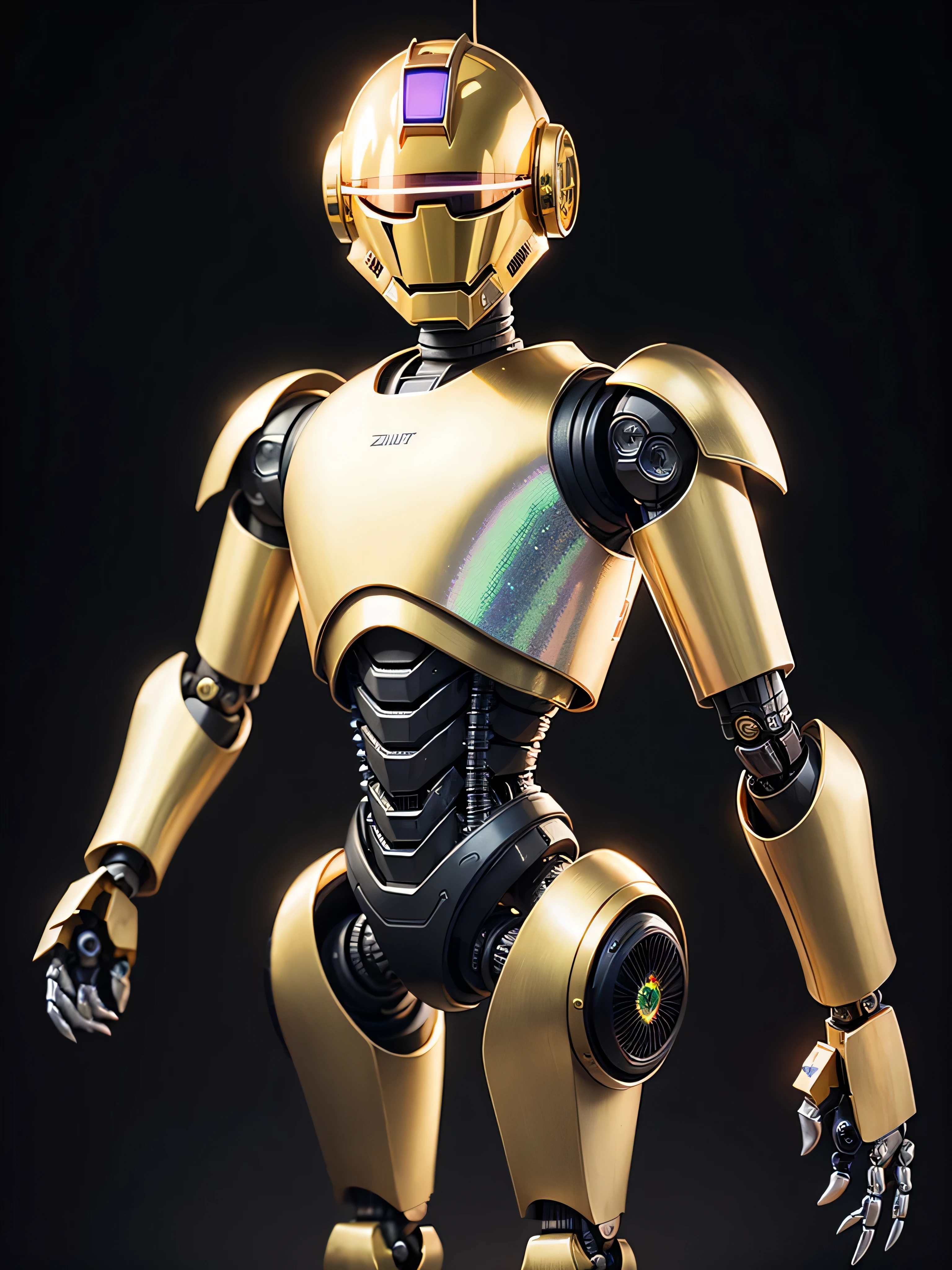 ((best quality: 1.5)) ((masterpiece: 0.8)), intricate details, sharp focus, professional, photorealistic, real life, ((((solo) male robot, protocol droid, ((mechanical arm))))) bright glow, dynamic pose, in the style of realistic and hyper detailed renderings, zbrush, hyper realistic oil, contoured shading, dark room, dark background, black background, solo, BREAK; BREAK (((((glowing visor, cheerful expression))))), ((fujicolor)), BREAK; BREAK ((((futuristic (lacquered black scalemail armor, (wrist spike, iridescent brass))), photorealistic, hyper-realistic)))