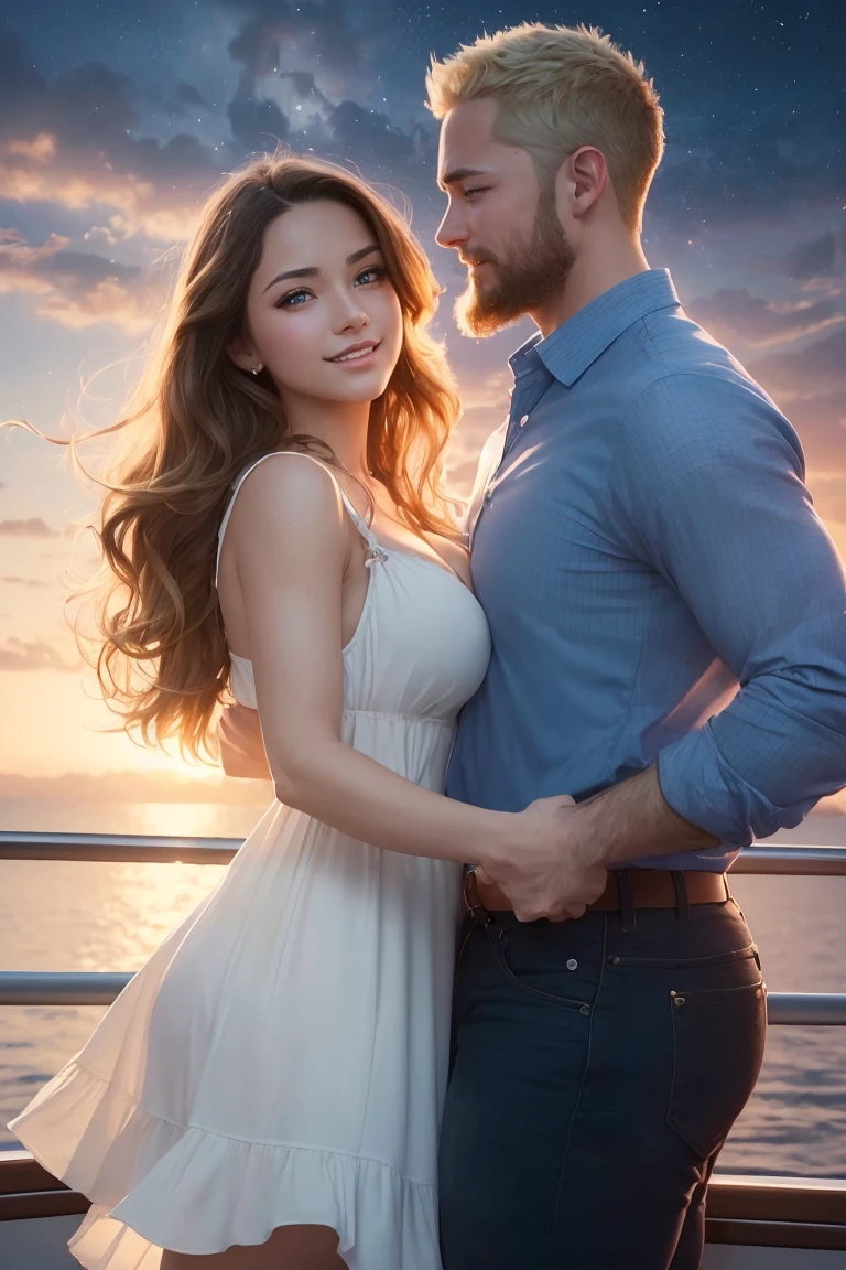 ((A smiling couple in love)), ((woman with wavy brown hair wearing a sundress small breast)), dancing close with ((a masculine man with short blonde hair and a full blonde beard wearing pants and shirt)), (((blue eyes))), hair with many details, 8k artgerm bokeh, fanart best artstation, render photorealistic, guweiz-style art, inspired by WLOP, ig model | artgerm, detailed, stunning realistic face, beautiful, deviantart artstation cgscosiety, cinematic realistic, high quality portrait, elegant digital painting, photorealistic artstyle, ((cruise ship background)), ((night sky)), ((in love))