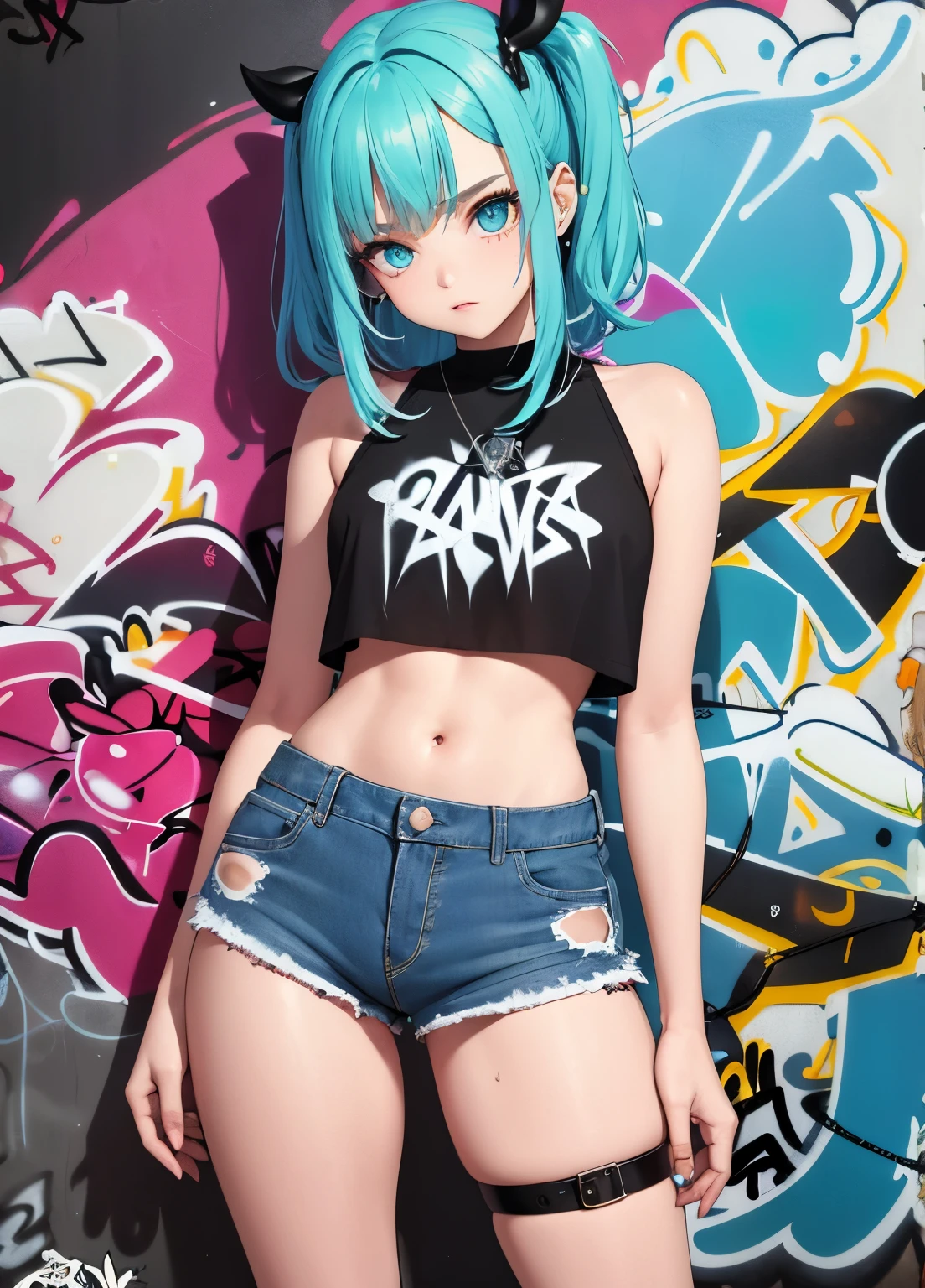 obra-prima, melhor qualidade, 1girl, solo, crop top, shorts jeans, gargantilha, (graffiti: 1.5), respingo de tinta, arms behind back, contra a parede, olhando para o espectador, clamp, thigh strap, pintura no corpo, head tilt, entediado, cabelo multicolorido, aqua eyes, fone de ouvido, nsfw