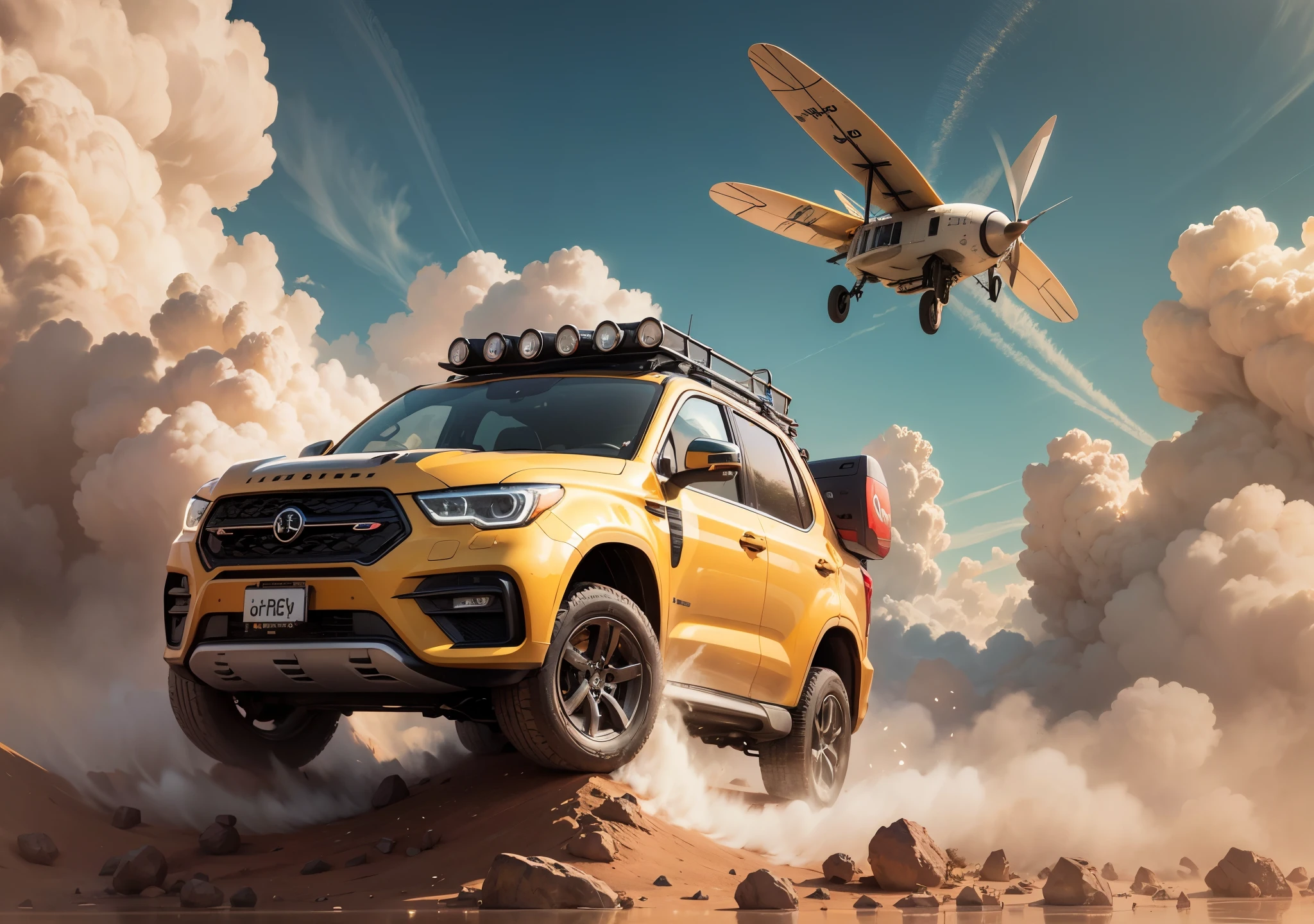 flying car in sky, lion driver, down side close view --auto --s2
