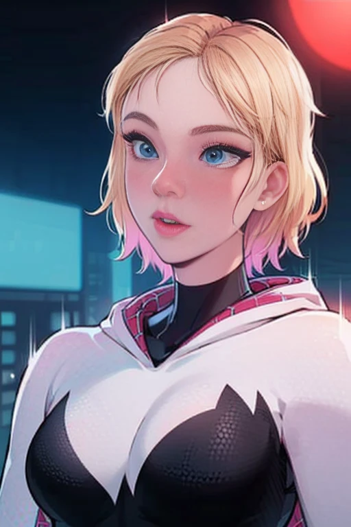 ghost spider, gwen  in a black outfit with spider in the center of his chest in white, organic looking outfit, gooey forehead, symbiote, white eyes, fine art, ps5 cinematic screenshot,highly detailed detailed cinematic rendering, ultra photorealistic raytricing, with cinematic lighting