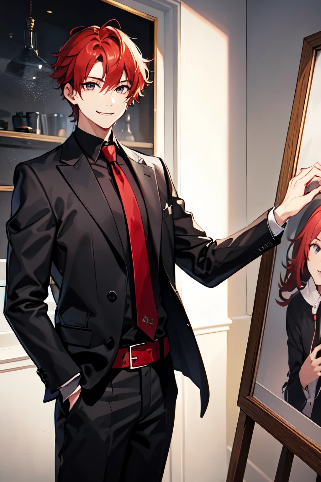 male, 1guy, artist, drawing art, smiling, red hair, black eyes, cool outfit, male face, handsome