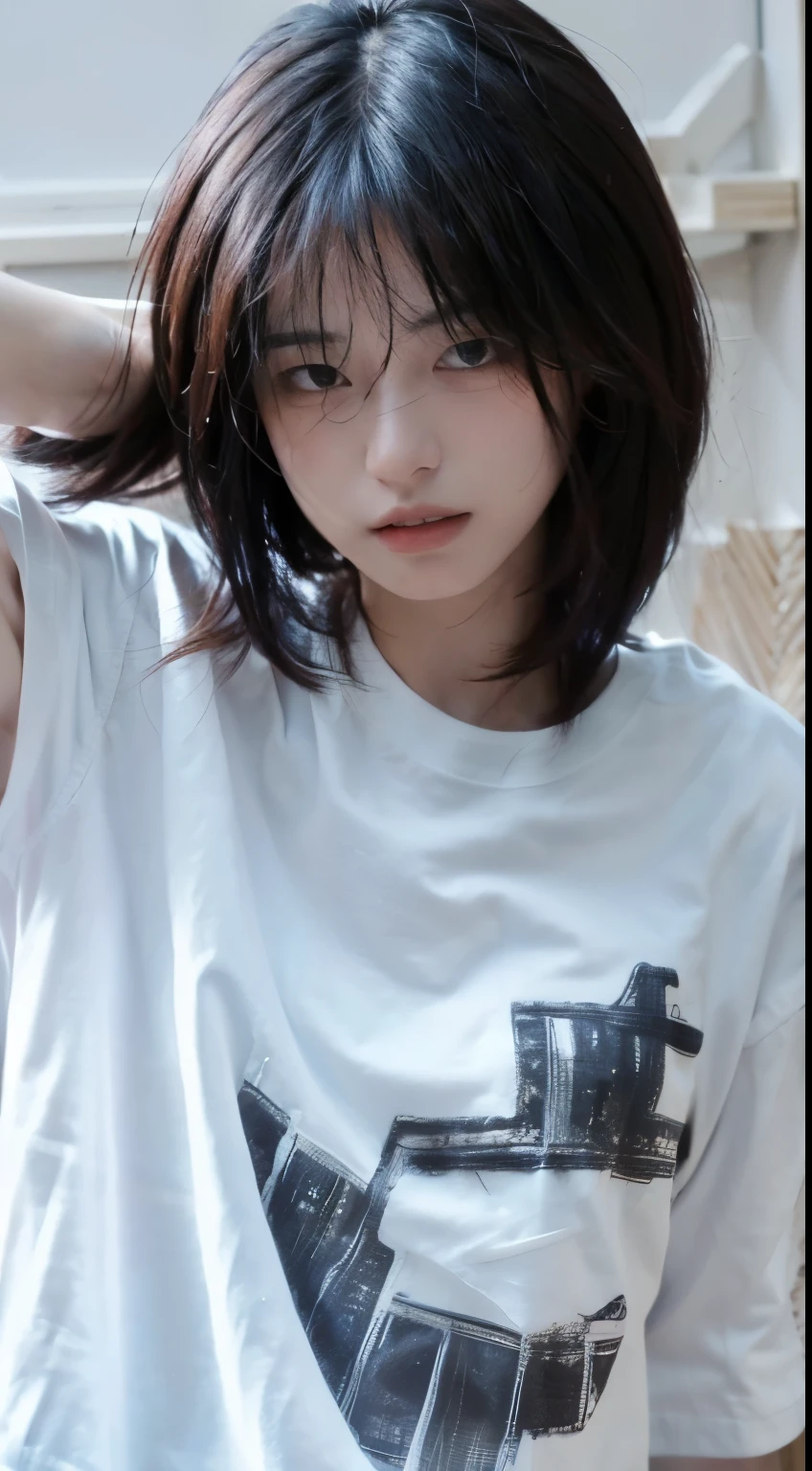 8K,Best quality, masterpiece, ultra high res, (photorealistic:1.4), raw photo, (Authentic skin texture:1.3), (film grain:1.3),1girl,beautiful detailed eyes and face,masterpiece, best quality,close-up,upper body, wolf cut hair, (wearing white shirt:1.3)