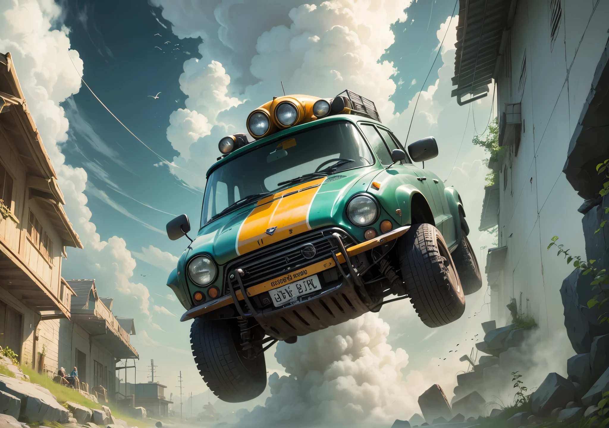 flying car in sky, lion driver, down side close view --auto --s2