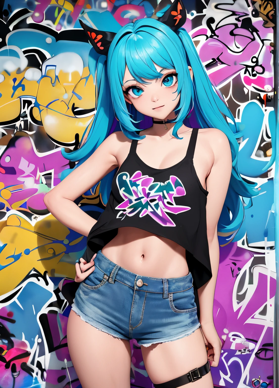 obra-prima, melhor qualidade, 1girl, solo, crop top, shorts jeans, gargantilha, (graffiti: 1.5), respingo de tinta, arms behind back, contra a parede, olhando para o espectador, clamp, thigh strap, pintura no corpo, head tilt, entediado, cabelo multicolorido, aqua eyes, fone de ouvido, nsfw