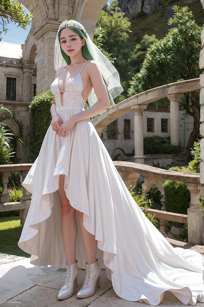 Emilia Clarke, pelo blanco, cabello largo y rizado. gargantilla. grandes senos. caderas gigantescas. arco. vestido de novia de flores. Botas hasta el muslo, pechos enormes, flecha verde serie tv