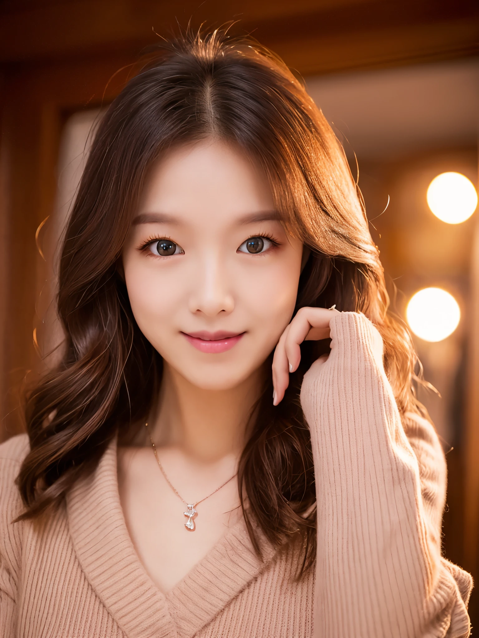 ((Night, Realistic Light, Best Quality, 8K, Masterpiece: 1.3)), 1girl, Slim Beauty: 1.4, Abs: 1.1, (Brown hair, small breasts: 1.3), Long pink sweater: 1.1, Super fine face, Delicate eyes, Double eyelids, smile, necklace