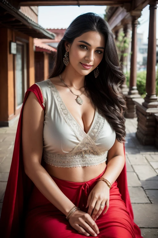 Portrait of A confident-looking Indian woman with flowing long and thick hair, hazel eyes, wet seethrough clothes, red cape, a smile on the face, a lusty look, red bindi, sitting on pathway in a village, c-cup breast, perfect composition, hyperrealistic, super detailed, 8k, high quality, trending art, trending on artstation, sharp focus, village photo, intricate details, highly detailed, art by Greg Rutkowski