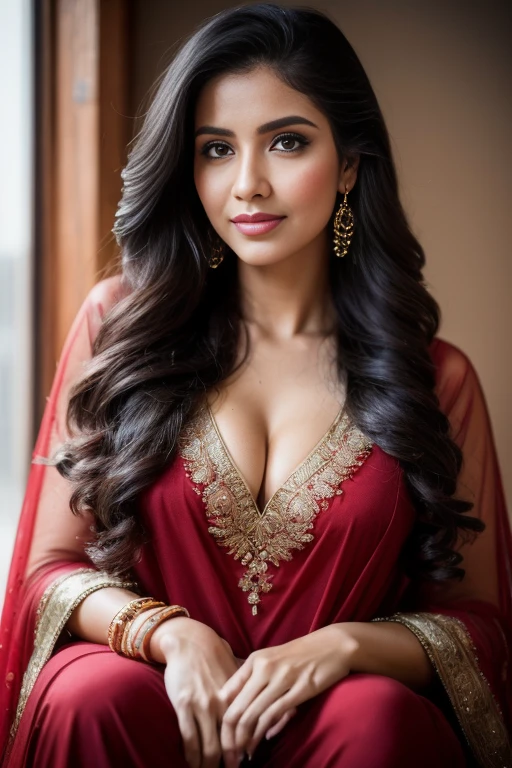 Portrait of A confident-looking Indian woman with flowing long and thick hair, hazel eyes, wet seethrough clothes, red cape, a smile on the face, a lusty look, red bindi, sitting on pathway in a village, c-cup breast, perfect composition, hyperrealistic, super detailed, 8k, high quality, trending art, trending on artstation, sharp focus, village photo, intricate details, highly detailed, art by Greg Rutkowski