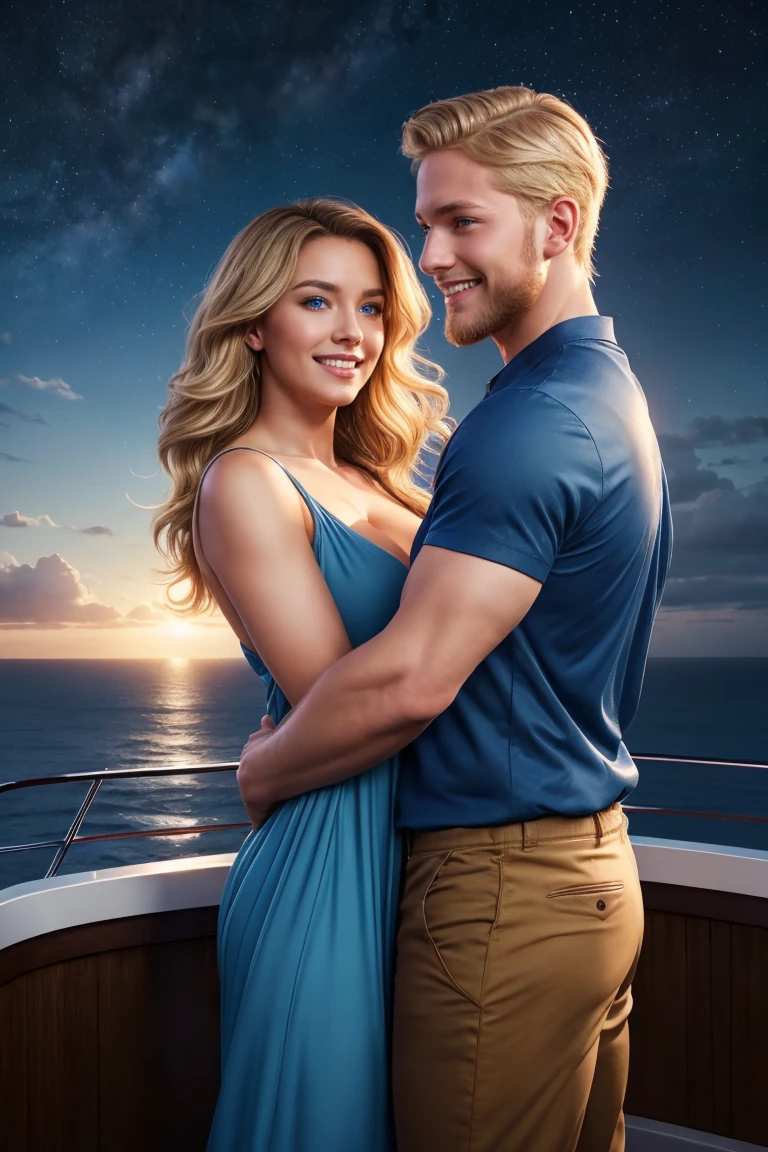 ((A smiling couple in love)), ((woman with wavy brown hair wearing a sundress small breast)), dancing close with ((a masculine man with short blonde hair and a full blonde beard wearing pants and shirt)), (((blue eyes))), hair with many details, 8k artgerm bokeh, fanart best artstation, render photorealistic, guweiz-style art, inspired by WLOP, ig model | artgerm, detailed, stunning realistic face, beautiful, deviantart artstation cgscosiety, cinematic realistic, high quality portrait, elegant digital painting, photorealistic artstyle, ((cruise ship background)), ((night sky)), ((in love))