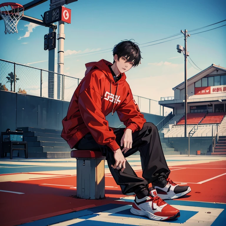 1 Korean young man，male people，20yr old，tall，height is 180 cm，Hair is medium length，Red sweatshirt，black long pants，High-top basketball shoes，white legwear，Sit on the basketball court，pointing to shoes，AJ basketball shoeadass anime 8k，POV perspective，Arrogant，Cold，looking to the camera