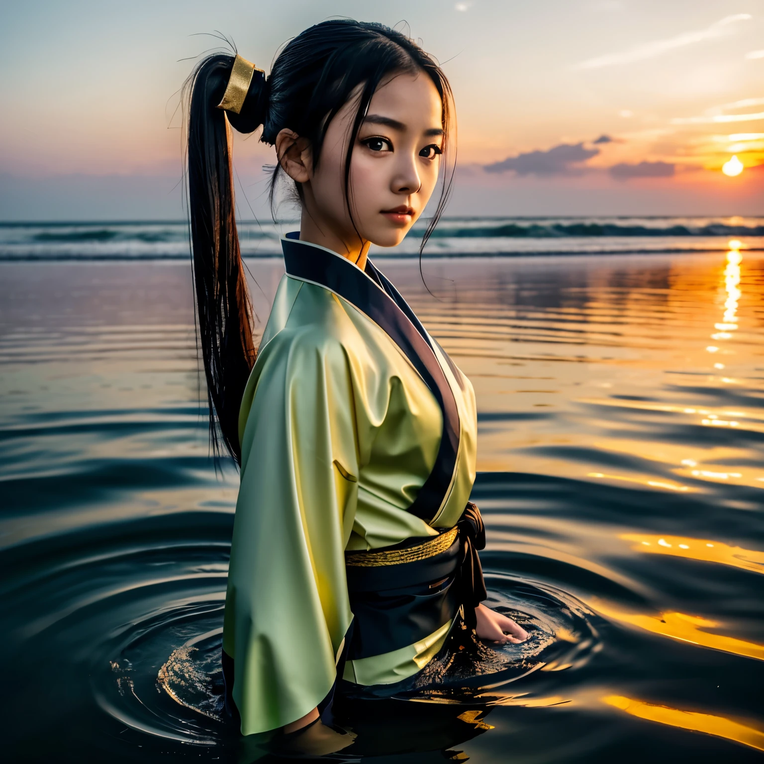 A girl in a kimono with a blank look stands waist-deep in water, a black kimono with gold edges and low cut, her hair is tied in two ponytails, green eyes, the sunset is reflected in her eyes, the light falls on her face, half-sideways to the camera