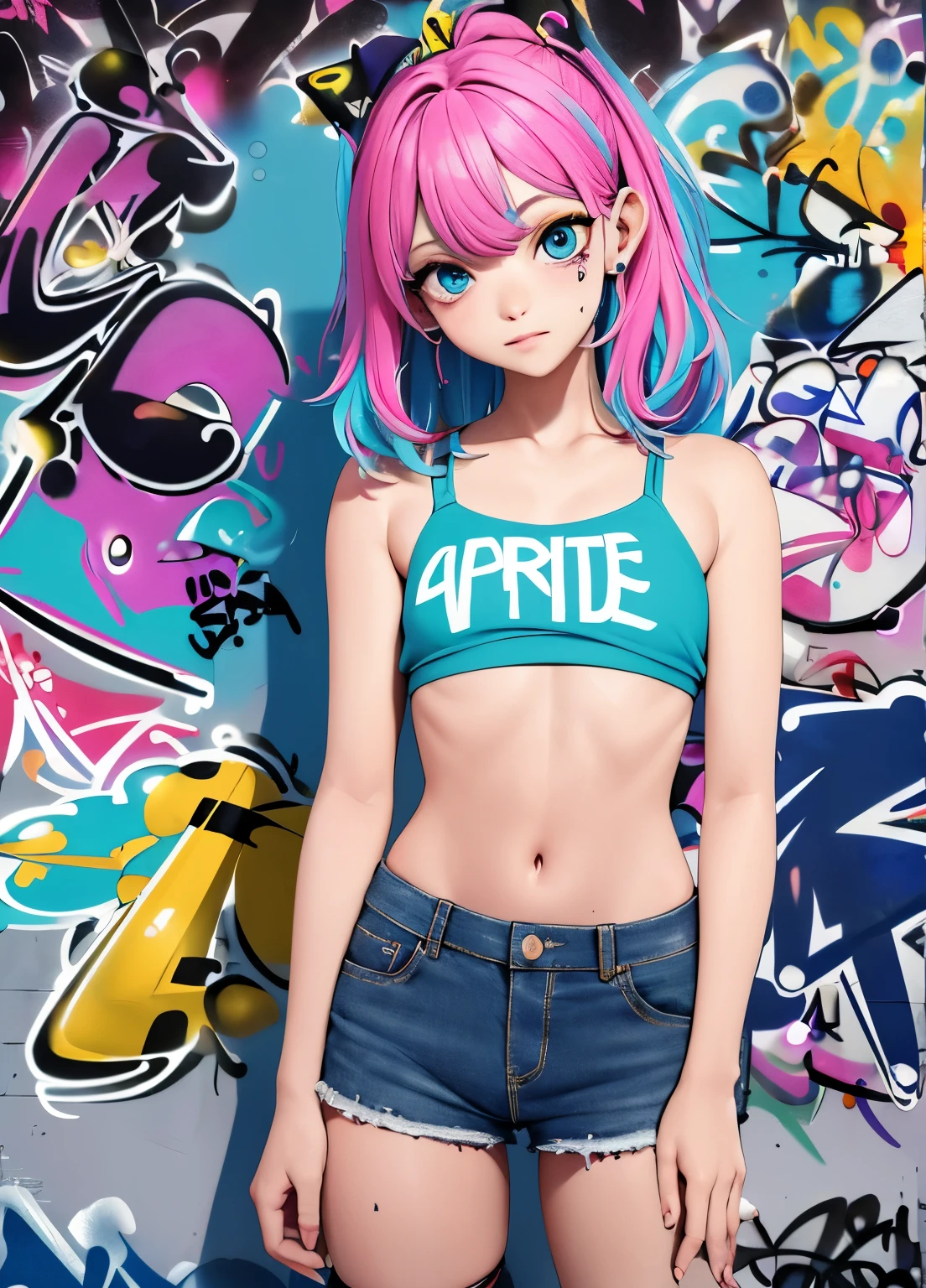 obra-prima, melhor qualidade, 1girl, solo, crop top, shorts jeans, gargantilha, (graffiti: 1.5), respingo de tinta, arms behind back, contra a parede, olhando para o espectador, clamp, thigh strap, pintura no corpo, head tilt, entediado, cabelo multicolorido, aqua eyes, fone de ouvido, nsfw