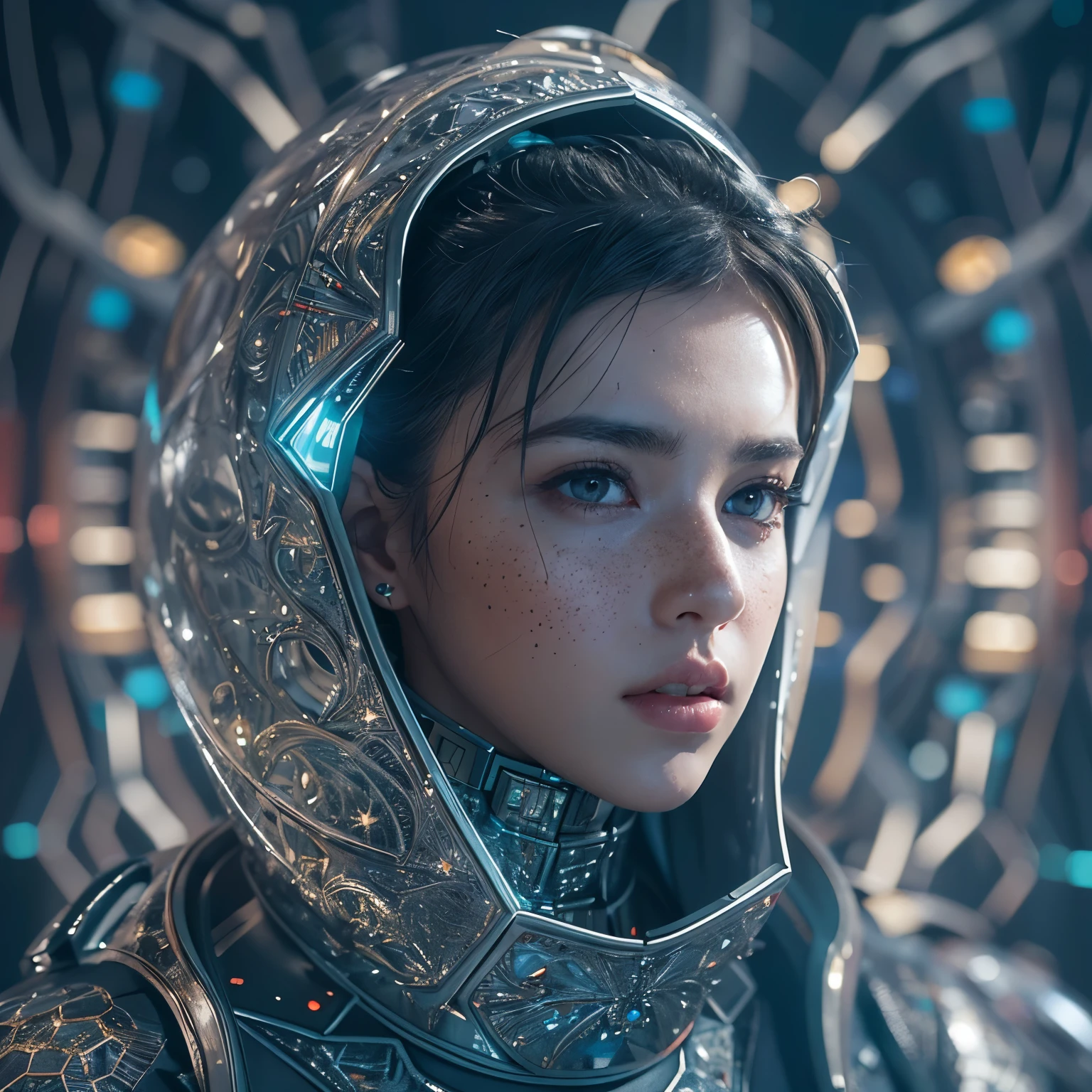 3d render, cgi, symetrical, octane render, 35mm, intricate details, hdr, intricate details, hyperdetailed, natural skin texture, hyperrealism, sharp, dua lipa 1 girl, woman, portrait, freckles, looking at viewer, solo, half shot, detailed background, close up, grey eyes, white short hair, detailed face, futuristic shining digital cobalt armor, hexagonal pattern, cape, high-tech, robotics, high-tech (mask:0.9), head-up display, epic starry outer space in background, sparks, electricity, screens, cinematic atmosphere, nardack,