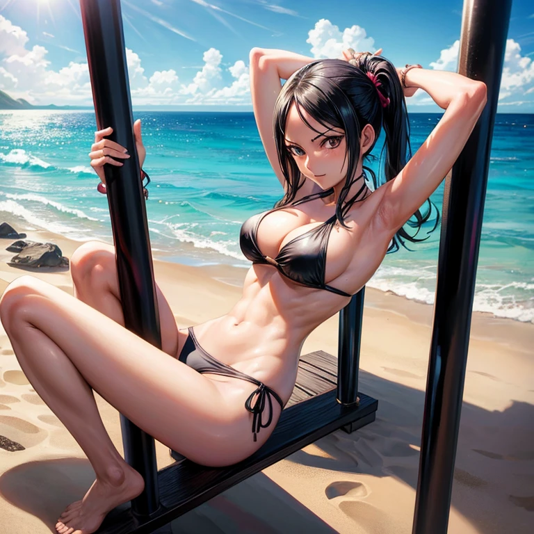 Nico robin from the anime one piece doing a pole dance on the beach while wearing a black bikini with black underwears while naked men are watching her