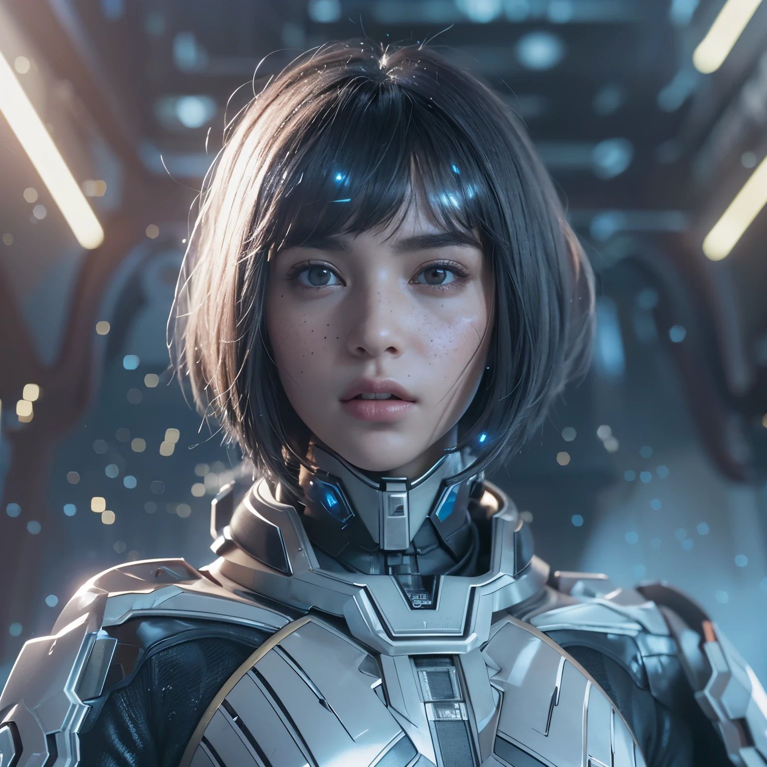 3d render, cgi, symetrical, octane render, 35mm, intricate details, hdr, intricate details, hyperdetailed, natural skin texture, hyperrealism, sharp, dua lipa 1 girl, woman, portrait, freckles, looking at viewer, solo, half shot, detailed background, close up, grey eyes, white short hair, detailed face, futuristic shining digital cobalt armor, hexagonal pattern, cape, high-tech, robotics, high-tech (mask:0.9), head-up display, epic starry outer space in background, sparks, electricity, screens, cinematic atmosphere, nardack,