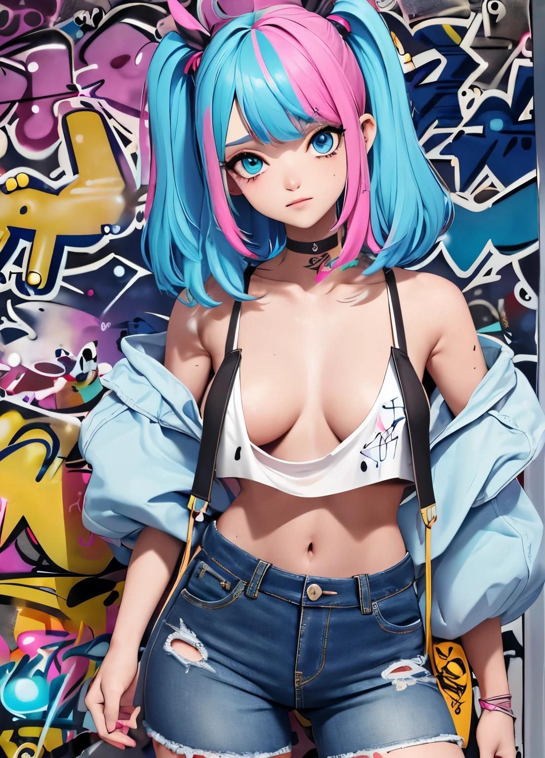 obra-prima, melhor qualidade, 1girl, solo, crop top, shorts jeans, gargantilha, (graffiti: 1.5), respingo de tinta, arms behind back, contra a parede, olhando para o espectador, clamp, thigh strap, pintura no corpo, head tilt, entediado, cabelo multicolorido, aqua eyes, fone de ouvido, nsfw