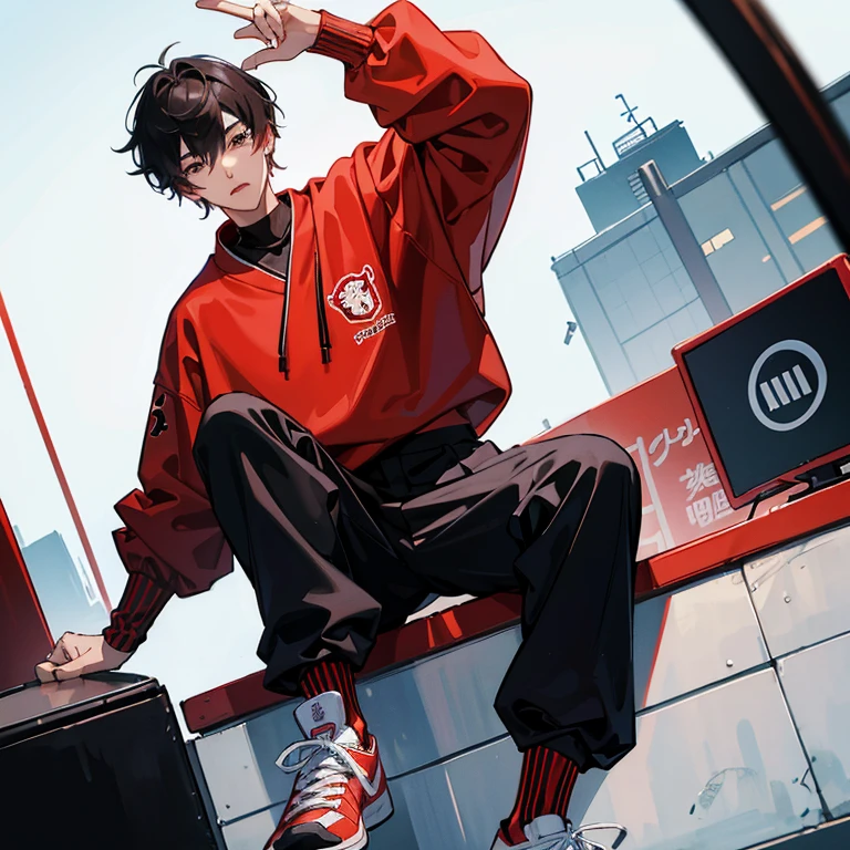 1 Korean young man,male people,20yr old,tall,height is 180 cm,Hair is medium length,Red sweatshirt,black long pants,High top AJ basketball shoes,white legwear,Sit on the basketball court,pointing to shoeadass anime 8k,POV perspective,Arrogant,Cold,looking to the camera