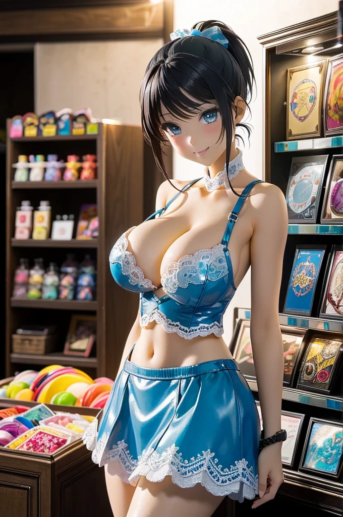 (Official art、Best Quality、Unity 8k Wallpapers、32K、ultra-detailliert、超A high resolution、realisitic、Photorealsitic:2.0、pvc revoltech)、(Cinematic lighting:1.8)、(Full body)、Transparency、Crying face、Acrylic Stand,The product is a shop clerk wearing a transparent blue two-piece lace queen costume...、fashion modell、Charming,A sexy,vinyl mini skirt,cleavage of the breast、amazing、foco nítido、I opened my mouth a little、Charmingな微笑み、Jump gracefully with both feet、there were many spectators、(light blue braided ponytail、beautiful hair of blue color、 Blue eyes)、Inside the acrylic box、service area,Fancy Goods、Amusement park toy store、huge lcd monitor,Inside the UFO Catcher、