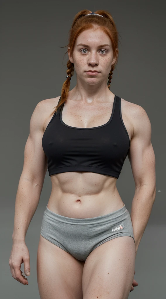 A 30 year old irish woman, dark orange hair in short pigtails, pale skin with freckles, tall, heavily muscular, power lifter, fit, athletic, strong, powerful, wearing a tanktop and athletic shorts, rough facial features, entire body visible, full body, hyperrealistic, best quality, 8K, real human skin, masterpiece, extremely intricate, medium closeup, detailed eyes, detailed face, detailed body, exaggerated features, pronounced features