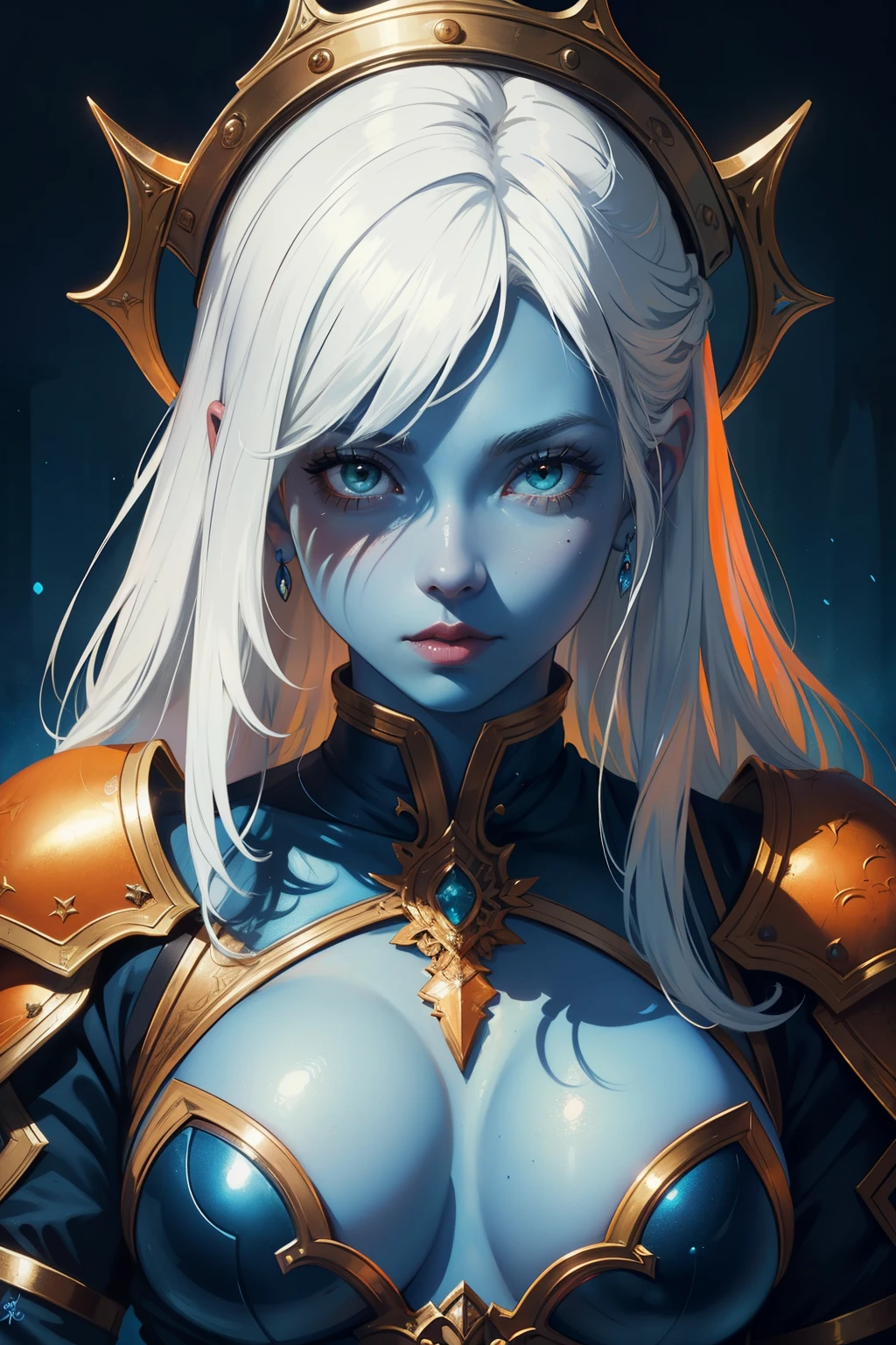 fantasy art, dnd art, RPG art, wide shot, (masterpiece: 1.4) portrait, intense details, highly detailed, photorealistic, best quality, highres, portrait a vedalken female (fantasy art, Masterpiece, best quality: 1.3) ((blue skin: 1.5)), intense details facial details, exquisite beauty, (fantasy art, Masterpiece, best quality) cleric, (blue colored skin: 1.5) 1person blue_skin, blue skinned female, (white hair: 1.3), long hair, intense green eye, fantasy art, Masterpiece, best quality) armed a fiery sword red fire, wearing heavy (white: 1.3) half plate mail armor CM-Beautiful_armor wearing high heeled laced boots, wearing an(orange :1.3) cloak, wearing glowing holy symbol GlowingRunes_yellow, within fantasy temple background, reflection light, high details, best quality, 16k, [ultra detailed], masterpiece, best quality, (extremely detailed), close up, ultra wide shot, photorealistic, RAW, fantasy art, dnd art, fantasy art, realistic art,((best quality)), ((masterpiece)), (detailed), perfect face