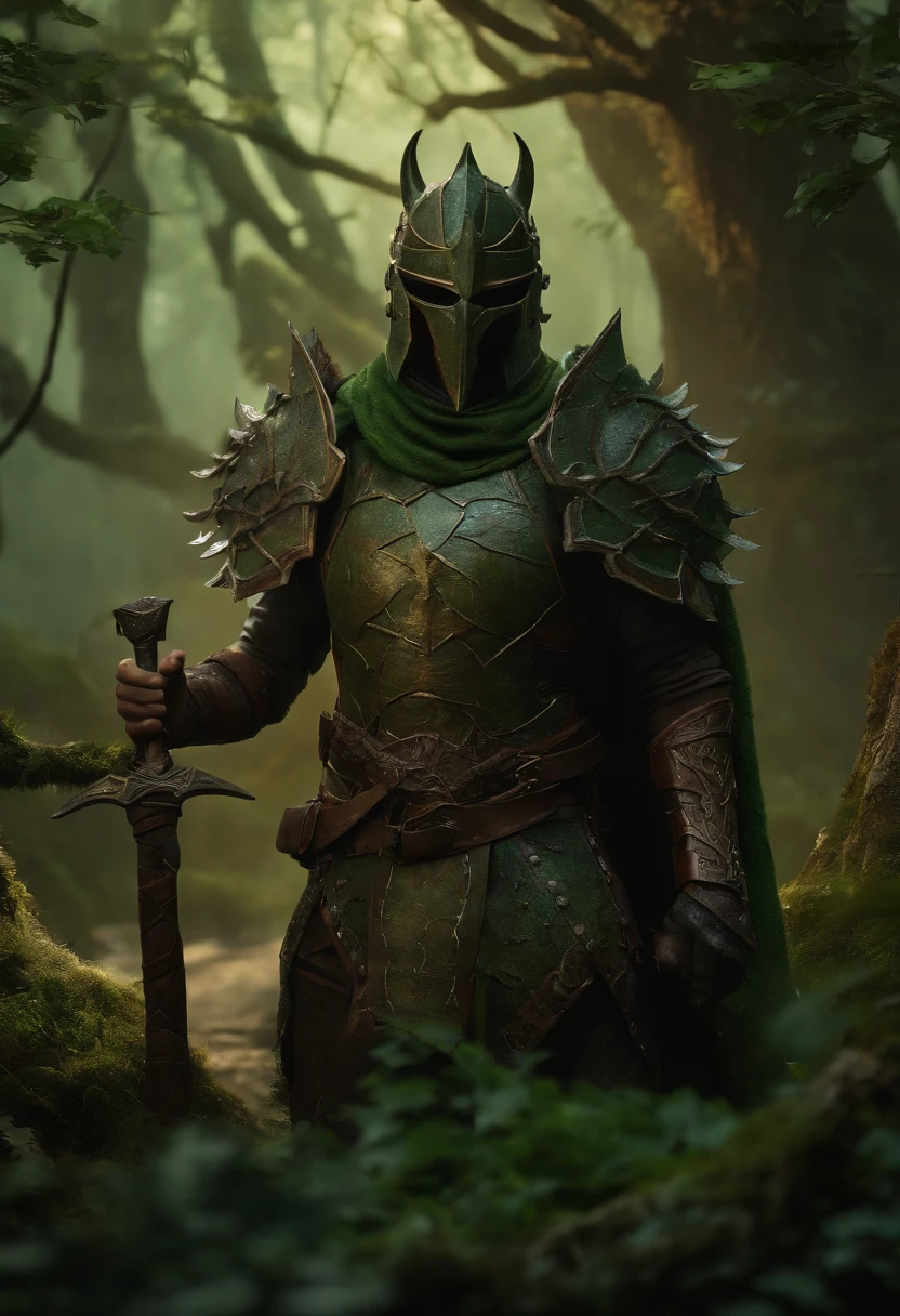 (Best Quality, 8K, Masterpiece, Ultra HD: 1.3, Huge detail, 35mm, sharp, hyper realistic, epic scale, insane level of details, very detailed eyes and face, detailed eyes), (valheim), (half-light, twilight, misty swamp forest), (anthropomorphic male draugr walking through a mystical swampy forest at distance, (old rusty double blade battle axe in hands, round shield made of branches, armor and helmet made of branches and bark), dark green hair, brown skin, green glowing eyes with green smoke emanates, anthropomorphic face)