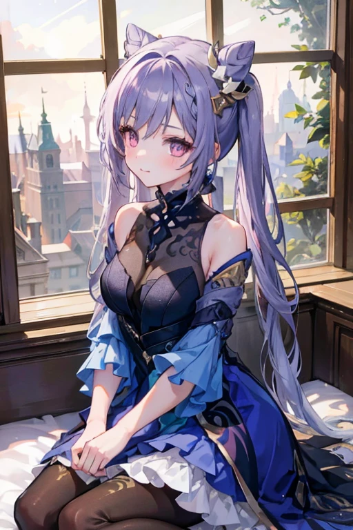 young girl best quality, expressive eyes, perfect face , smile blush wearing opulent splendor , sit inside of the window in the night when she is watching the stars, Laying Down, stairs 8k cute face masterpiece best quality