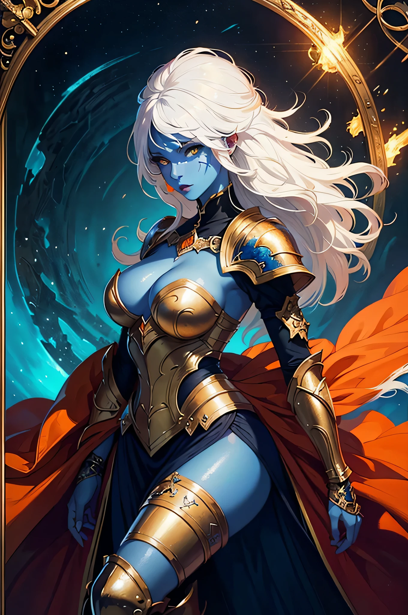fantasy art, dnd art, RPG art, wide shot, (masterpiece: 1.4) portrait, intense details, highly detailed, photorealistic, best quality, highres, portrait a vedalken female (fantasy art, Masterpiece, best quality: 1.3) ((blue skin: 1.5)), intense details facial details, exquisite beauty, (fantasy art, Masterpiece, best quality) cleric, (blue colored skin: 1.5) 1person blue_skin, blue skinned female, (white hair: 1.3), long hair, intense green eye, fantasy art, Masterpiece, best quality) armed a fiery sword red fire, wearing heavy (white: 1.3) half plate mail armor CM-Beautiful_armor wearing high heeled laced boots, wearing an(orange :1.3) cloak, wearing glowing holy symbol GlowingRunes_yellow, within fantasy temple background, reflection light, high details, best quality, 16k, [ultra detailed], masterpiece, best quality, (extremely detailed), close up, ultra wide shot, photorealistic, RAW, fantasy art, dnd art, fantasy art, realistic art,((best quality)), ((masterpiece)), (detailed), perfect face