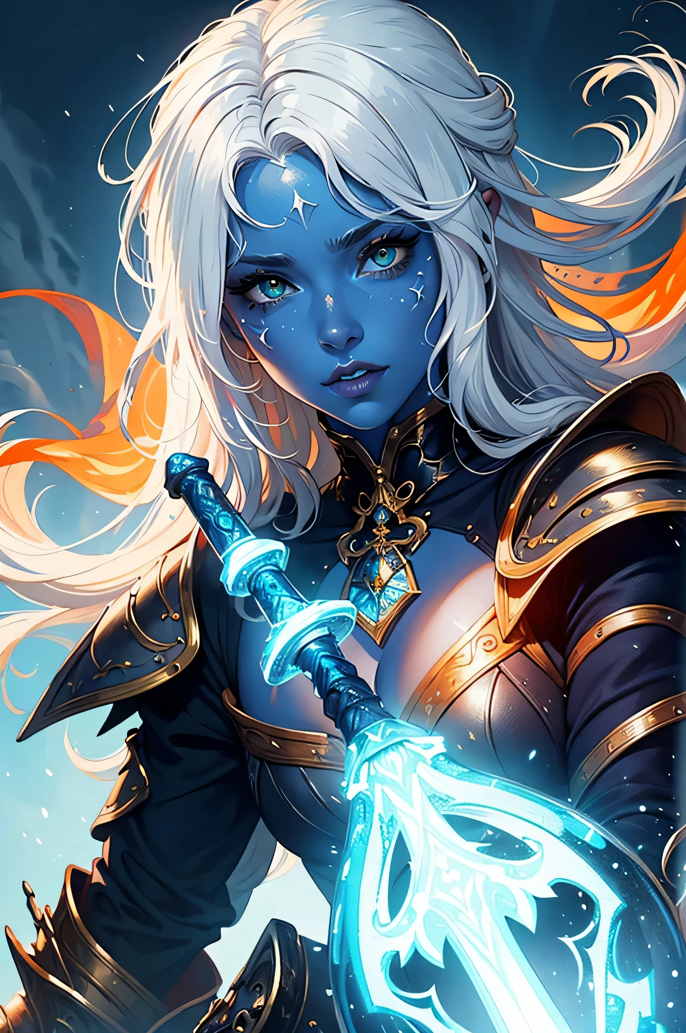 fantasy art, dnd art, RPG art, wide shot, (masterpiece: 1.4) portrait, intense details, highly detailed, photorealistic, best quality, highres, portrait a vedalken female (fantasy art, Masterpiece, best quality: 1.3) ((blue skin: 1.5)), intense details facial details, exquisite beauty, (fantasy art, Masterpiece, best quality) cleric, (blue colored skin: 1.5) 1person blue_skin, blue skinned female, (white hair: 1.3), long hair, intense green eye, fantasy art, Masterpiece, best quality) armed a fiery sword red fire, wearing heavy (white: 1.3) half plate mail armor CM-Beautiful_armor wearing high heeled laced boots, wearing an(orange :1.3) cloak, wearing glowing holy symbol GlowingRunes_yellow, within fantasy temple background, reflection light, high details, best quality, 16k, [ultra detailed], masterpiece, best quality, (extremely detailed), close up, ultra wide shot, photorealistic, RAW, fantasy art, dnd art, fantasy art, realistic art,