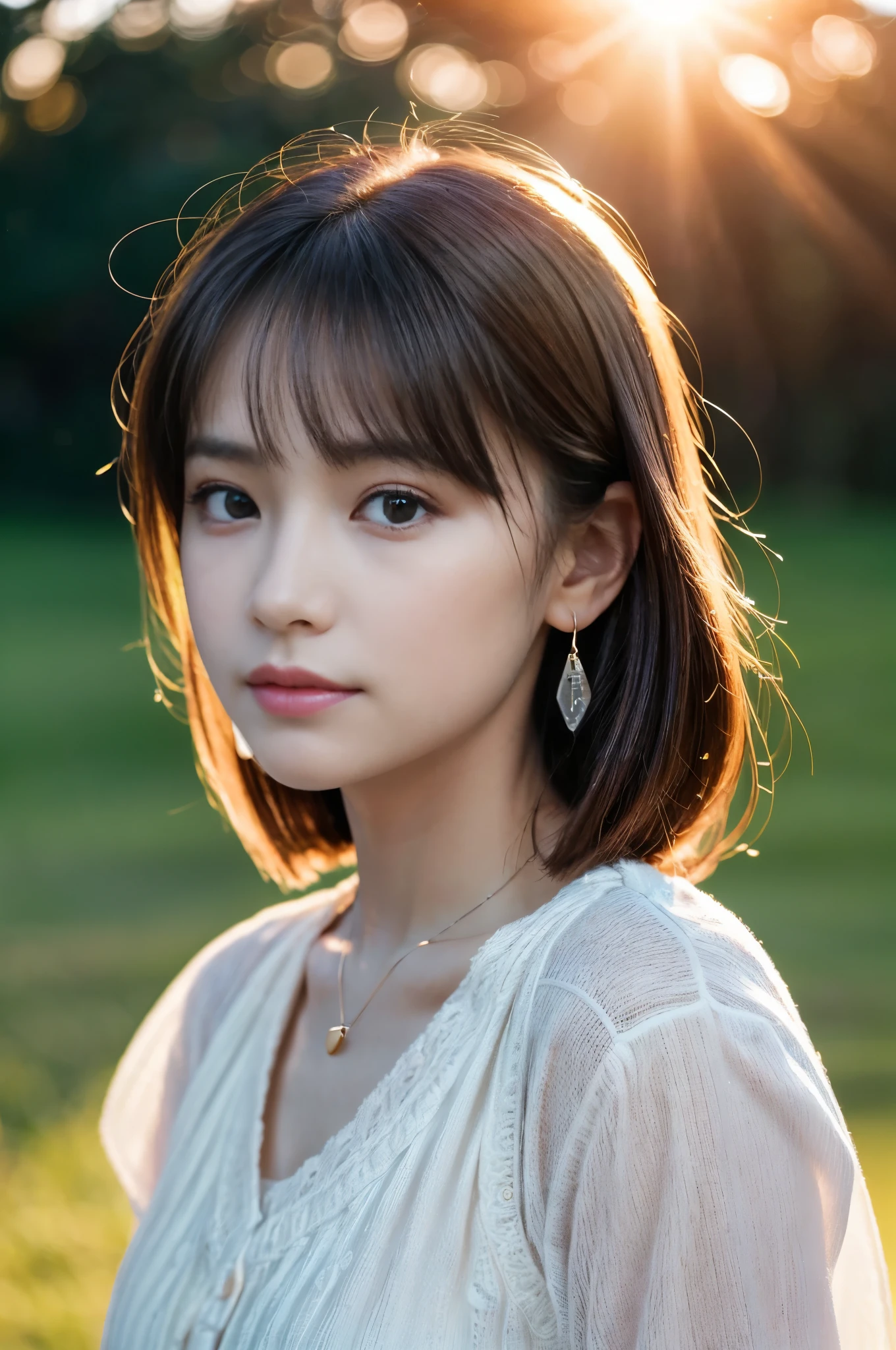 (Photoreal Stick:1.5, masutepiece:1.5, 8K), (top-quality, masterpiece, 超A high resolution), (Face Sharp Focus:1.45), Professional camera work:1.25, Highly detailed skin and facial texture:1.3, Grow Light Effect, The ultra-detailliert:1.3, 1girl in, Fair skin, (Sense of clarity:1.5), Small face, Extremely beautiful face:1.4, Sense of clarityを感じる目:0.9, looking distantly, Enraptured look:1.0, i love you completely:0.8, slightly open mouth:0.4, Sense of clarityを感じる口当たり:0.7, 二重まぶた, Dark brown medium hair, necklace and earrings, looking at viewert, (sunrises, Light sunlight:1.3, sunlight shining from behind:1.3, Pale sunlight spreads across the screen:1.5), (The woman looks hazy because of the bright light.:1.5), (reflect light onto the lens:1.4)