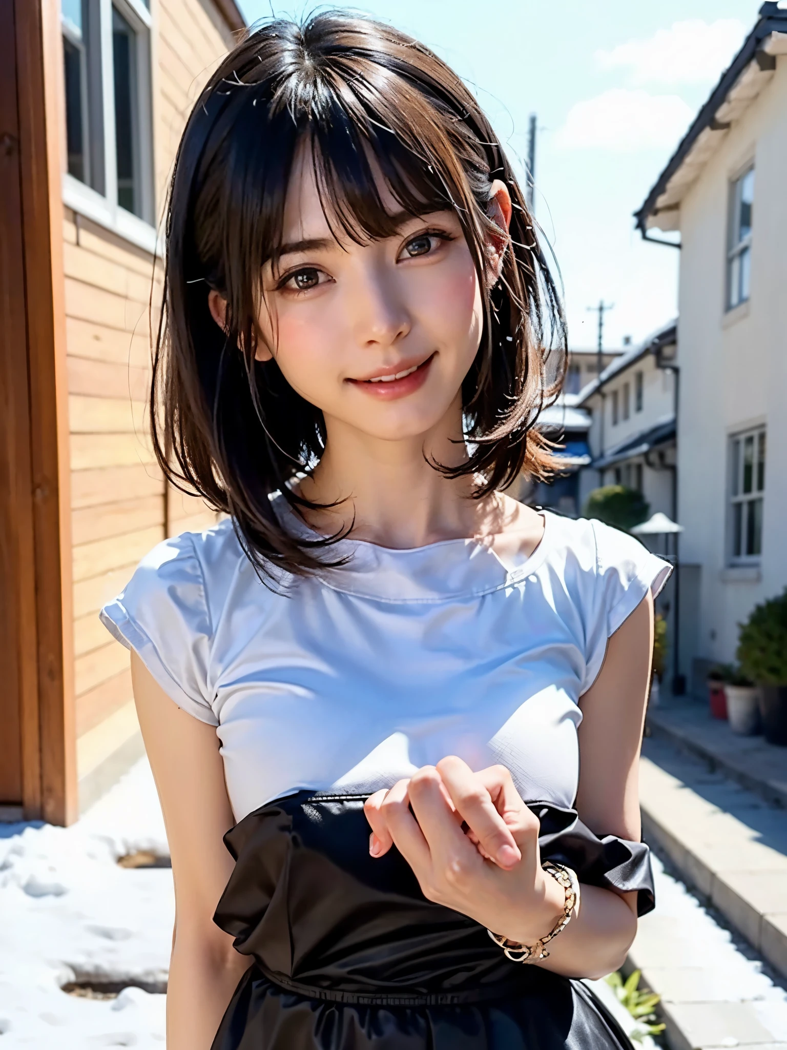 highest quality、8K、no makeup、no makeup、masterpiece、ultra high resolution、Photoreal、realistic、professional lighting、photo book、(18 year old girl、Japanese idol、National beautiful girl、pretty girl、baby face、round face、duck mouth、smile、Erect nipples on round breasts、thin waist、delicate body、round eyes、very short hair、straight hair、black hair、smile、photo from head to knees、delicate face、beautiful skin、walk in the big city、Building group arbitrary passage、wearing a white tank top、wearing little white lace panties、Upper body、lower body