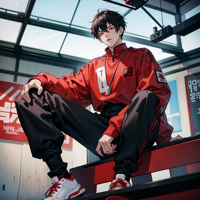 1 Korean young man,male people,20yr old,tall,height is 180 cm,Hair is medium length,Red sweatshirt,black long pants,High top AJ basketball shoes,white legwear,Sit on the basketball court,hand pointing down,Badass anime 8k,POV perspective,Arrogant,Cold,looking to the camera,